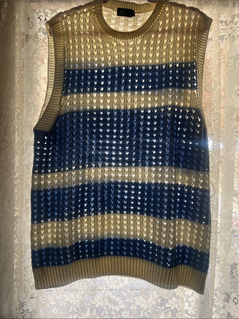 Men's Striped Knit Sweater Vest in Beige and Navy